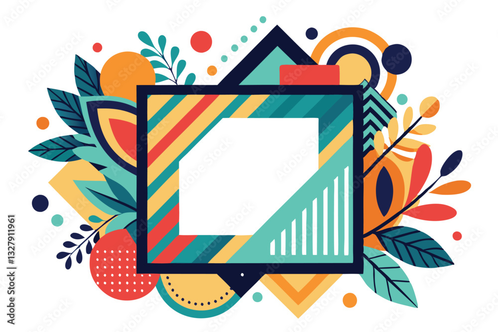 Fototapete Colorful geometric vector illustration showcasing an abstract frame surrounded by various shapes and foliage with vibrant colors and patterns
