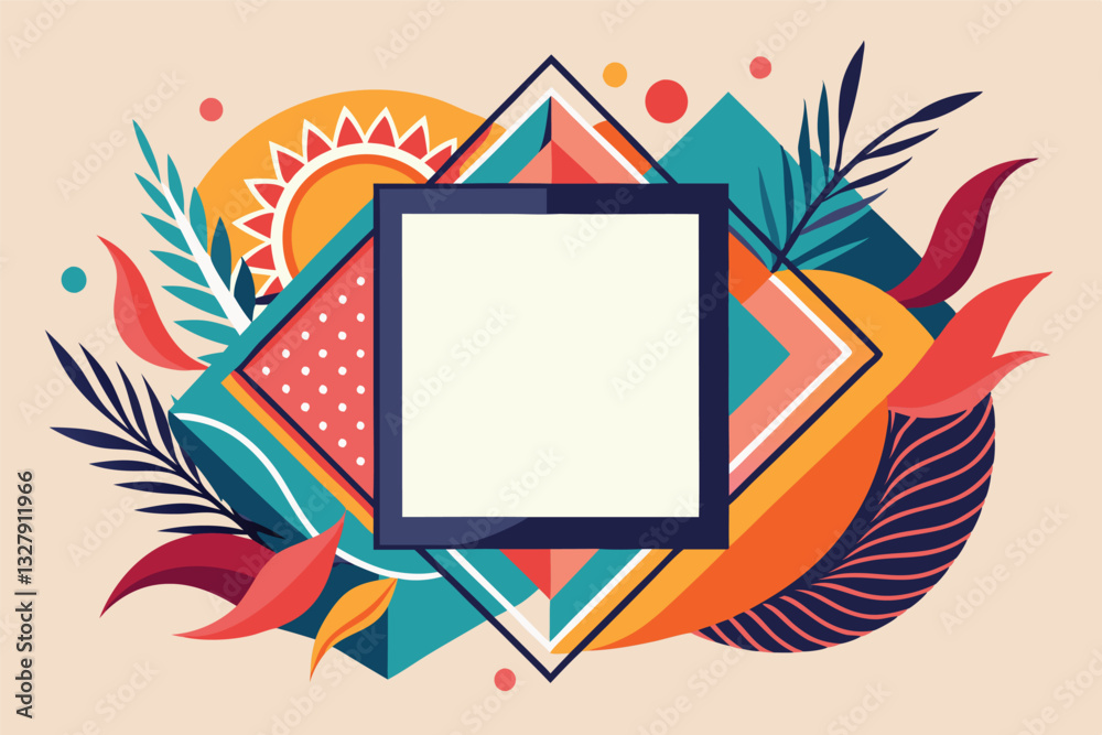 Leinwandbilder Colorful geometric vector illustration showcasing an abstract frame surrounded by various shapes and foliage with vibrant colors and patterns