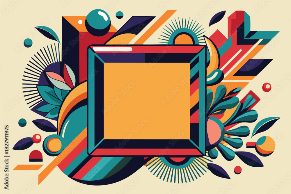 Fototapete Colorful geometric vector illustration showcasing an abstract frame surrounded by various shapes and foliage with vibrant colors and patterns