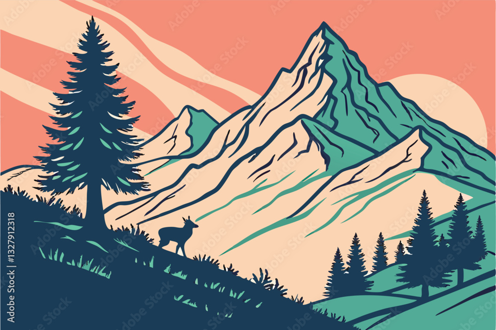 Poster exploration during sunset in a tranquil mountain landscape with a winding path and tall trees inviti