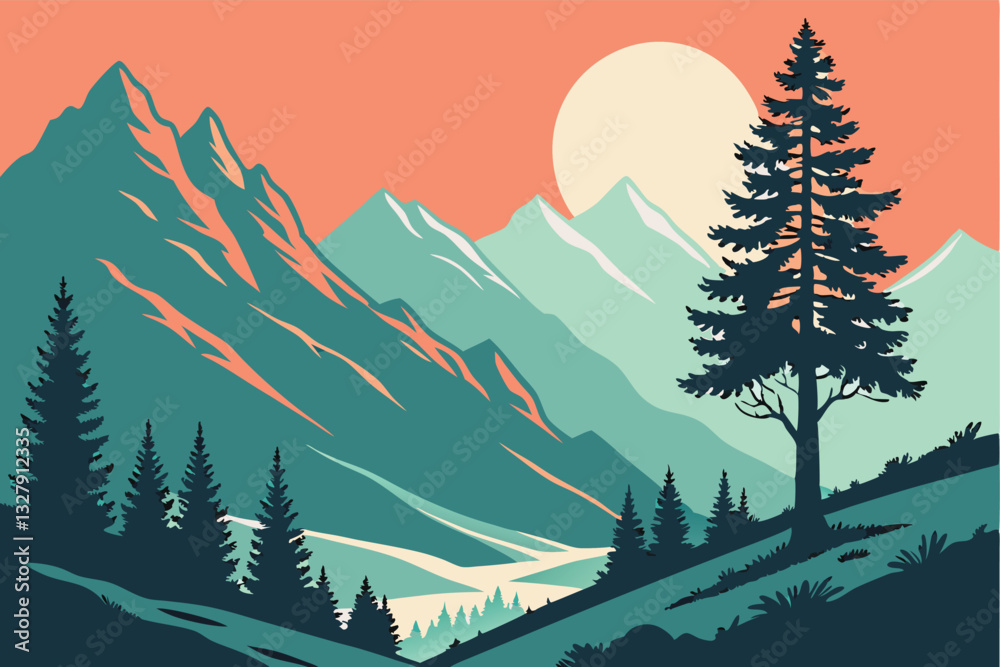 Poster exploration during sunset in a tranquil mountain landscape with a winding path and tall trees inviti