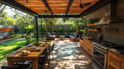 Fototapeta premium Open-air kitchen and dining area, lush garden view, modern design