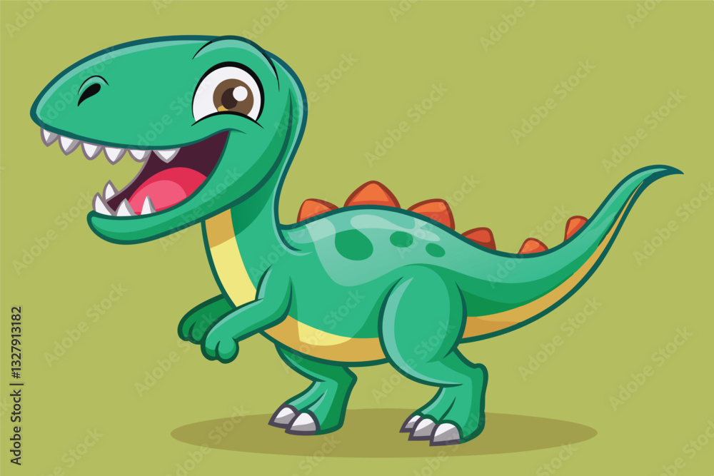 Poster cute cartoon dinosaur character with a big smile on a light blue background in a playful pose showca