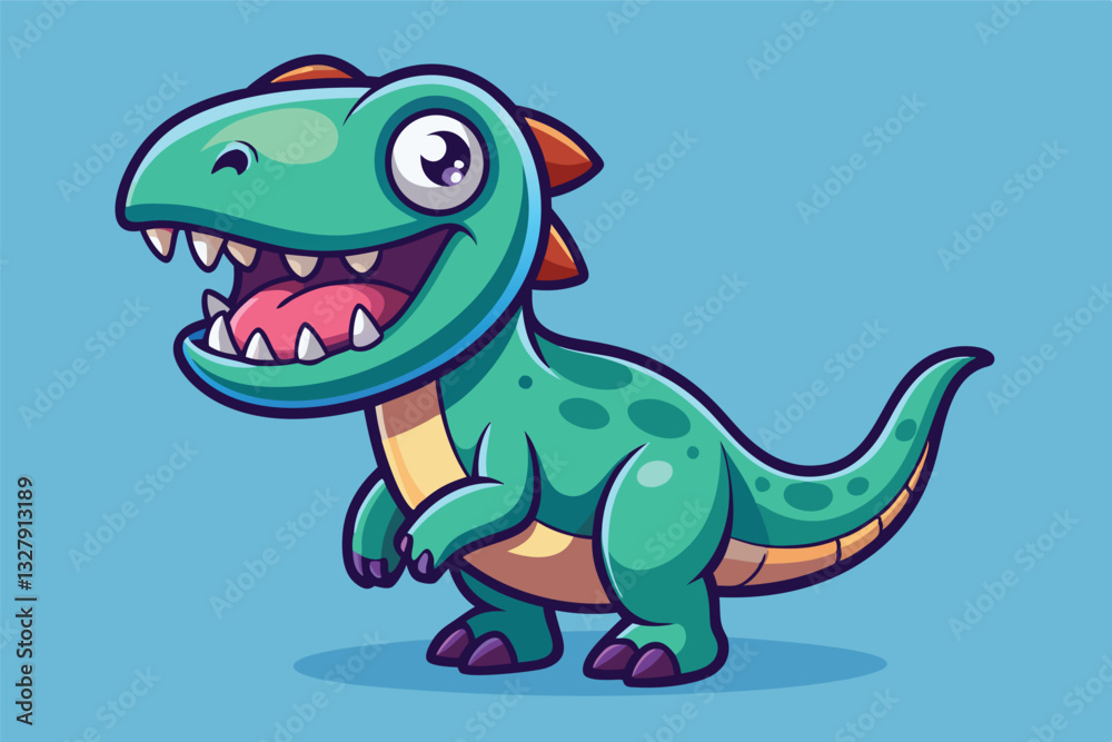 Aufkleber cute cartoon dinosaur character with a big smile on a light blue background in a playful pose showca