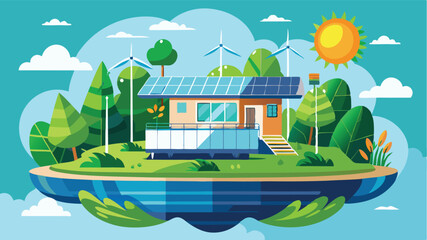 Fototapeta premium Illustration of a modern eco-friendly house surrounded by lush greenery and wind turbines on a sunny day above a serene body of water