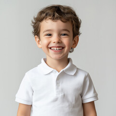A young boy with a cheerful smile, wearing a crisp white polo shirt against a neutral background.  Pure joy captured.