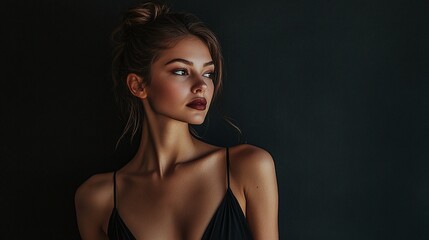 A confident woman in a spaghetti strap maxi dress, with dark-lined lips and a high bun, exuding minimalist 90s chic