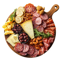 Gourmet Charcuterie Board with Cheese, Meats, Nuts, and Crackers Arranged on a Wooden Platter, isolated on transparent background.