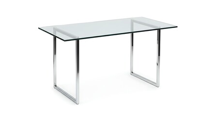 Minimalist clear glass tabletop desk with chrome square leg design isolated