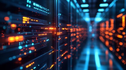 Fototapeta premium Futuristic Server Room with Glowing Blue and Orange Lights