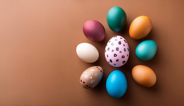 Coloridos huevos de pascua sobre fondo liso marr&oacute;n claro. Imagen para completar. Recurso gr&aacute;fico publicitario. Generated image