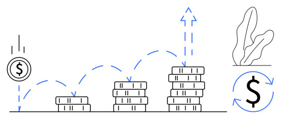 Coin bouncing upward onto stacked coins, illustrating financial growth with upward arrows and a recycling dollar sign. Ideal for investment, savings, profit, success, business, economy, progress