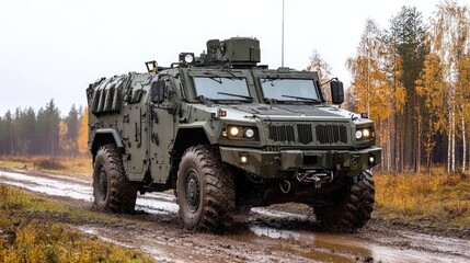 Fototapeta premium Patria 6x6 Armored Vehicle on a muddy road in autumnal forest