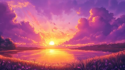 Obraz premium Vibrant Sunset Landscape with Purple Clouds and Golden Water