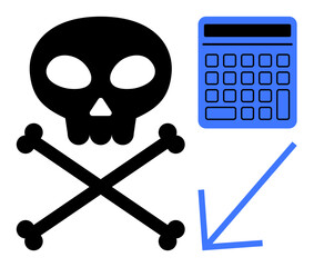 Skull with crossbones next to a calculator and a downward arrow indicating danger, financial loss, or risk. Ideal for warning, financial management, accounting, budgeting, bankruptcy, investment