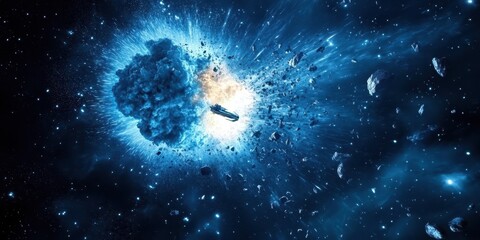 A spaceship experiences a space explosion within a vast cosmic expanse