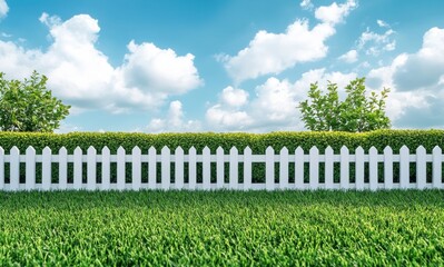 Fototapeta premium Lush Green Lawn with White Fence and Blue Sky Filled with Fluffy Clouds in a Serene Outdoor Landscape