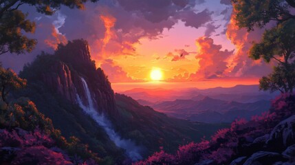 Fototapeta premium Vibrant Sunset Landscape with Waterfall and Lush Mountains
