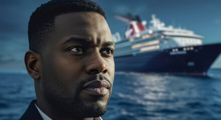 Confident  Black American man looking at the ocean with a cruise ship in the background  