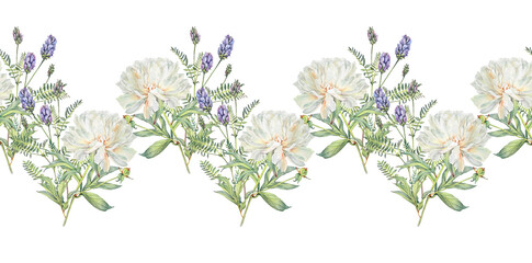 Watercolor seamless rim with blue purple wildflower astragalus and milk peony on white background. Hand-drawn spring and summer flower. Border with bouquet for florist frame or wrapping and wallpaper