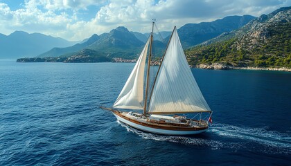 Fototapeta premium Sailing boat on serene waters, outdoor adventure, peaceful sailing experience, gentle waves, relaxing sea, white sails against blue skies, calm sea water, quiet atmosphere