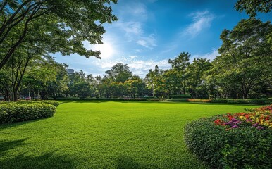 Fototapeta premium Lush Green Park Landscape with Vibrant Flowers Under a Bright Blue Sky and Soft White Clouds on a Sunny Day in an Urban Environment