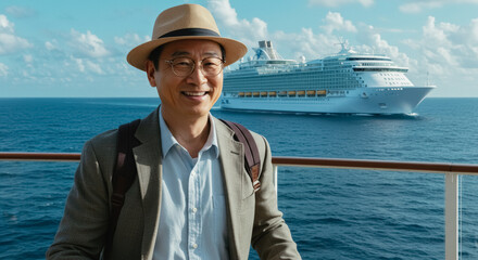 Portrait of a  Asian traveler enjoying a cruise experience at sea