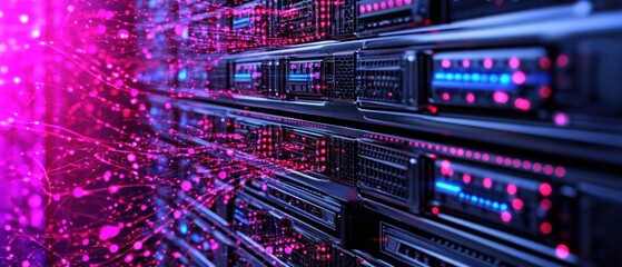 Fototapeta premium Data Stream: Server Rack with vibrant network visualization