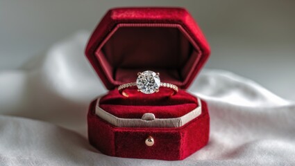 Shiny gold engagement ring with large diamond gemstone in a rich red velvet box set against a white background.