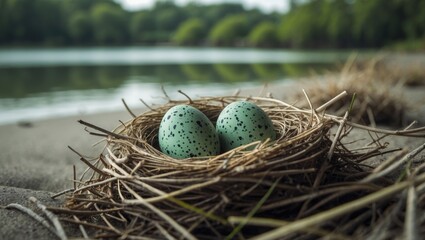 Bird's nest of seagulls containing two green spotted eggs on the shore. Close-up view of the gull eggs in a nest.