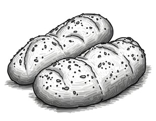 Illustration of freshly baked bread, with crispy crust and textural details, depicted in high contrast in black and white that adds visual depth