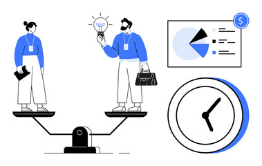 Two professionals balanced on scales with light bulb and briefcase, representing idea and work-life balance. Additional visuals include clock and data chart. Ideal for teamwork, innovation