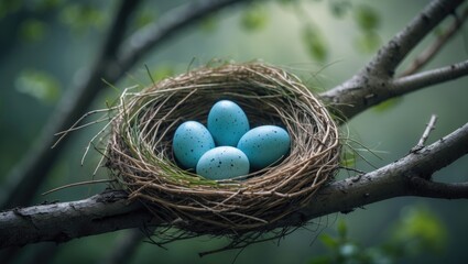 Fototapeta premium bird nest on a tree branch containing five blue eggs inside