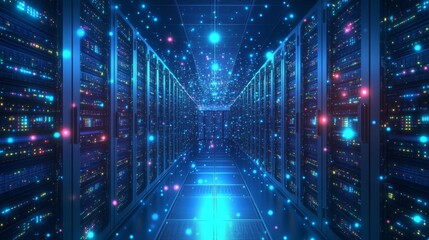 Futuristic Data Center Server Room With Glowing Blue Particles
