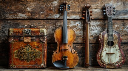 Naklejka premium Antique violin, guitar, and mandolin with vintage chest on rustic wood.