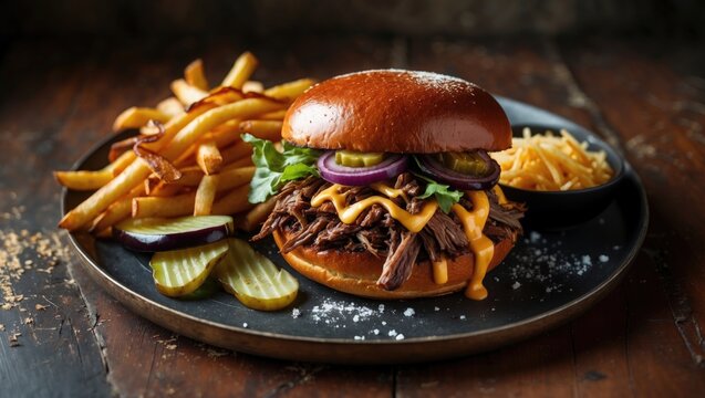 Pulled Beef Hamburger Sandwich Combo Meal featuring cheddar cheese sauce, eggplant, grated potatoes, pickles, and fried french fries served on a wooden table. - Powered by Adobe