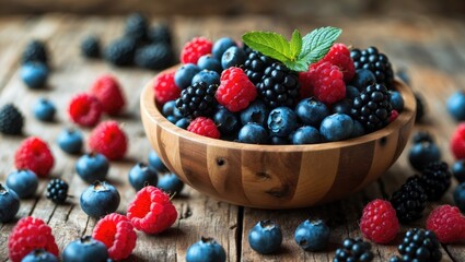 Bowl of blueberries and raspberries, along with blackberries, set on a weathered wood background.