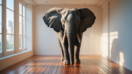 Big elephant relaxed in an apartment as a humorous representation of space limitations and pet concept image.