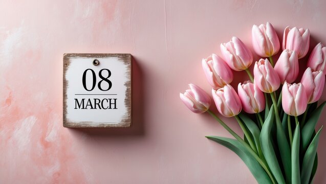 Beautiful pink tulips alongside a calendar on a pastel pink backdrop. Concept Women's Day. Top view, flat lay, with blank space.