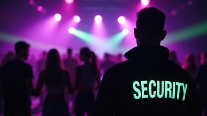 Security guard bouncers are managing the safety situation at a concert event.