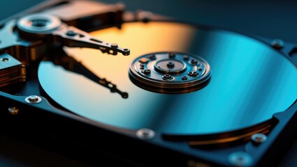 Image features an intricate view of the arm and platters of an open hard drive, emphasizing the precision engineering present in storage devices.