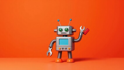 Service work maintenance theme. Robot handyman holding a wrench and pliers against a red backdrop. Copy space available.
