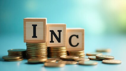Wooden blocks featuring the letters INC arranged on stacks of coins representing the concept of company formation, business investment, financial growth, and corporate establishment.