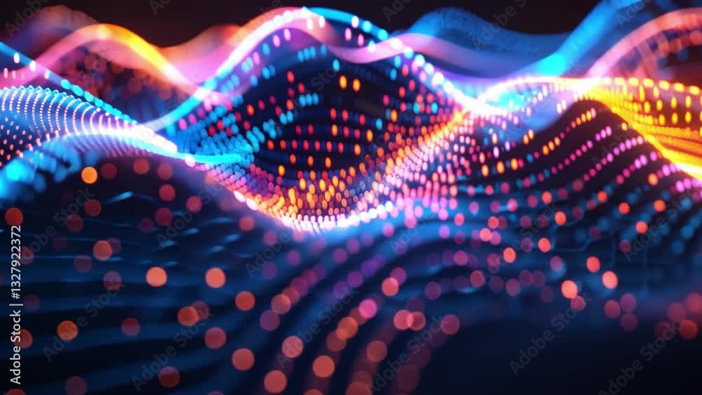 Poster vibrant digital abstract art dynamic wave patterns with glowing dots and colorful lines creating fut