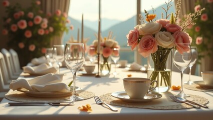 Fototapeta premium Beautiful flowers arranged on the table. Tables prepared for an event party or reception. Luxury elegant table setting dinner in a restaurant. Glasses and dishes. Fancy moment.