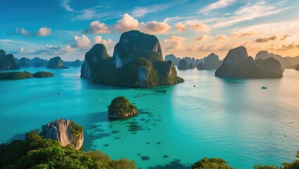 Exquisite nature, sunset scenery of a tropical island and bay in turquoise waters, aerial perspective. Travel journey concept.