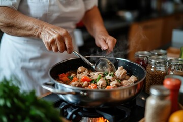 A chef skillfully stirs a pot of chicken and vegetables, exemplifying the art of cooking and the passion for creating delicious, homemade meals.