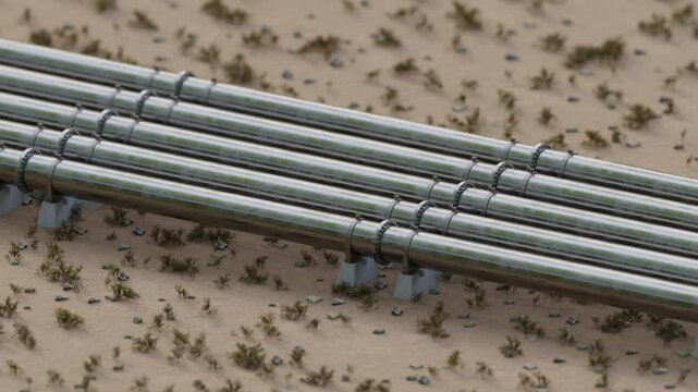 A detailed view of large industrial pipelines transporting oil or gas through an arid landscape.