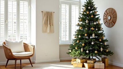A Christmas tree adorned with decorations stands in a bright, minimalist living room. Gifts wrapped in decorative paper are placed around the tree, creating a cozy ambiance.