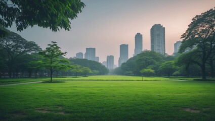 Fototapeta premium Morning light in a public park featuring a green grass field and fresh green trees.